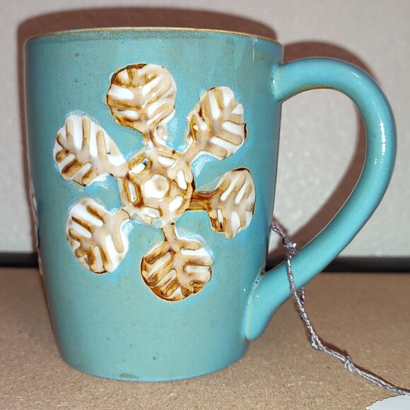 Blue Mug with Coffee Snowflakes Christmas Winter Tea Ceramic Embossed Pattern - Picture 2 of 8